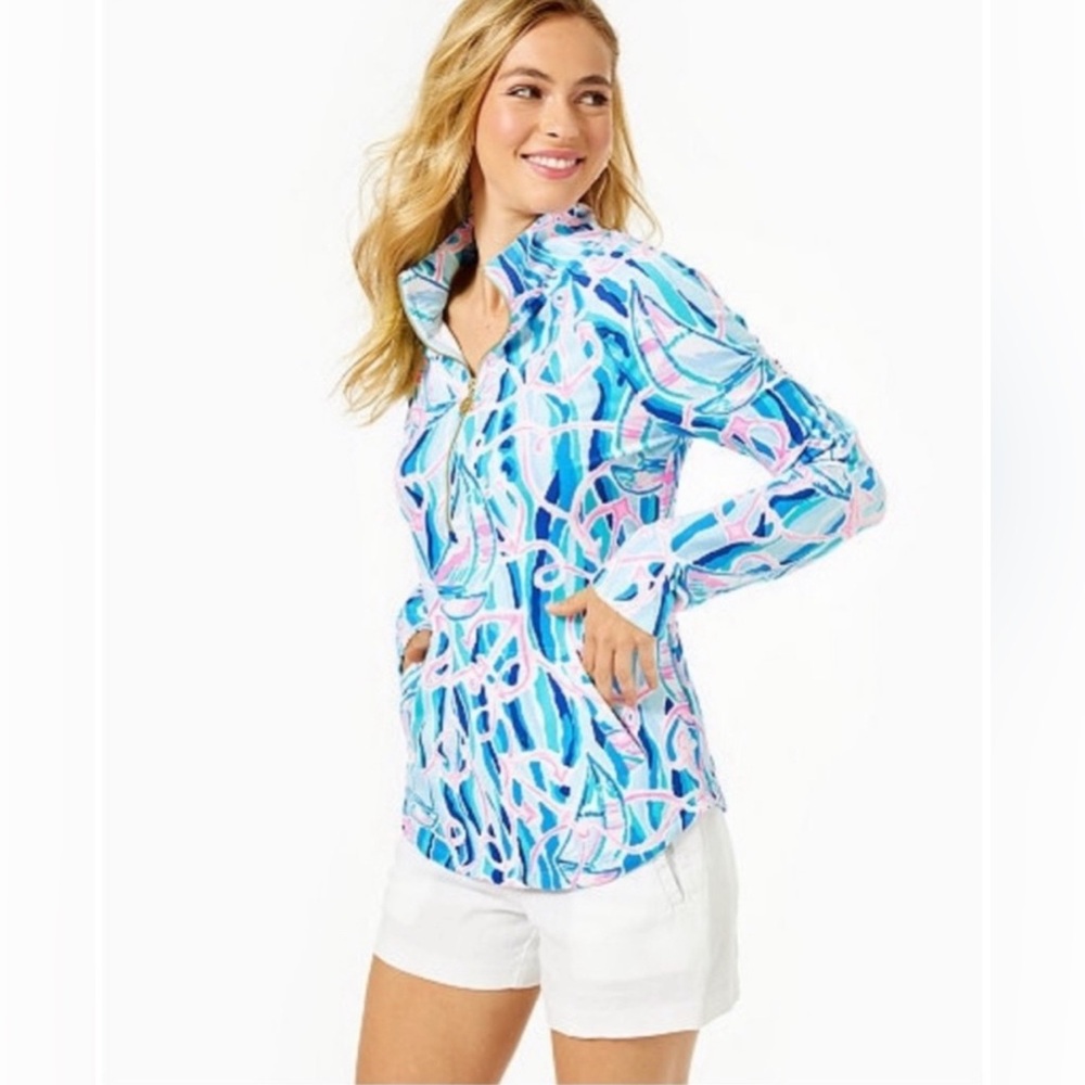 Lilly Pulitzer Skipper Popover, UPF50+ in Skim Blue Reel Nauti, Small.